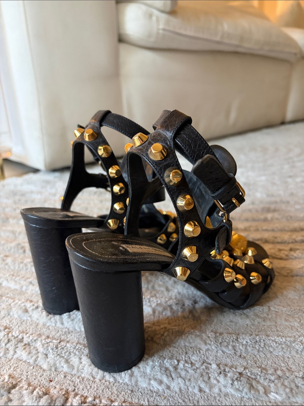 Balenciaga Black Leather Studded Gold-Accent Block Heel Sandals - Picture 3 of 5